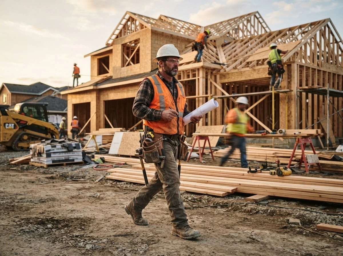 A contractor walking across an active residential jobsite