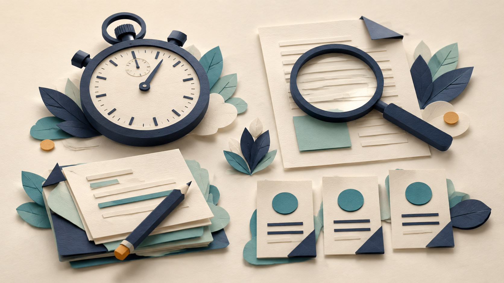 A stopwatch, a document under a magnifying glass, revision sheets, and matching cards represent four ways to evaluate an AI pilot.