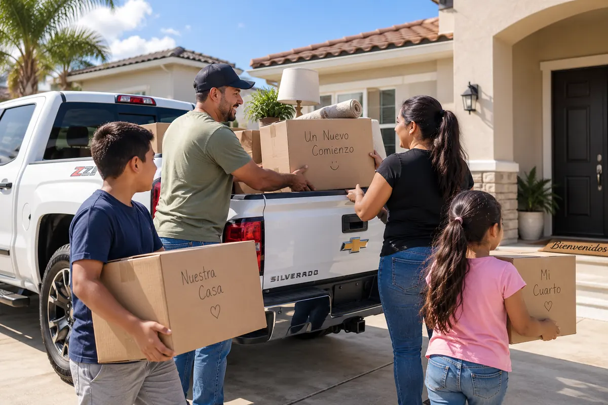 Familia latina llegando a su nueva casa