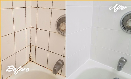 Before and after image showing grout lines in a shower, with the ‘before’ side showing discolored grout and the ‘after’ side showing bright, clean grout.