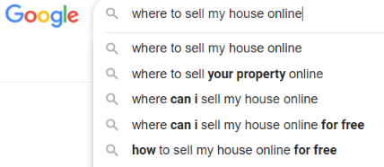 Historical Google autocomplete for where to sell my house online, including property-online and free variants.