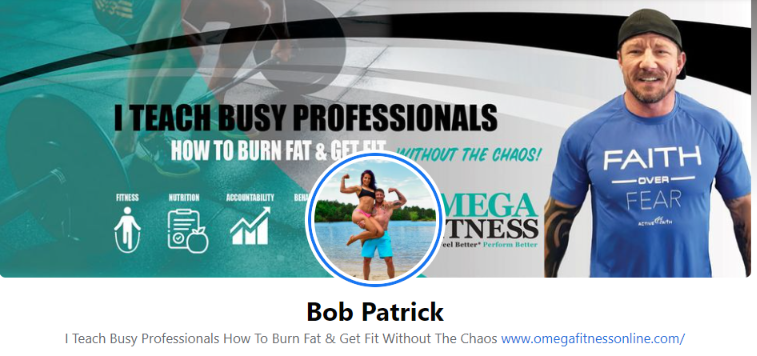 Historical Bob Patrick and Omega Fitness profile screenshot describing help for busy professionals. Health and business claims are not independently verified.