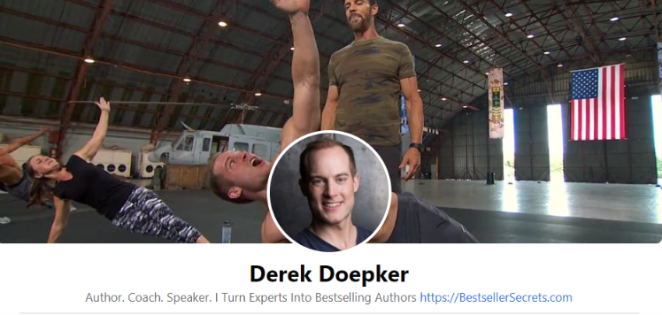 Historical Derek Doepker profile screenshot describing author coaching and Best Seller Secrets; this is a positioning example, not independent outcome evidence.