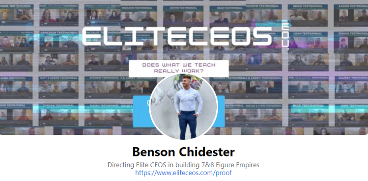 Historical Benson Chidester profile screenshot referencing EliteCEOs.com and business-result claims. The lesson analyzes positioning without verifying or adopting those results.