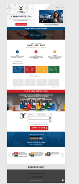 Crack My Code assessment-page screenshot. Card sorting and contact capture are visible, but fine print is unreadable in this source image. Full image-text coverage remains unresolved.