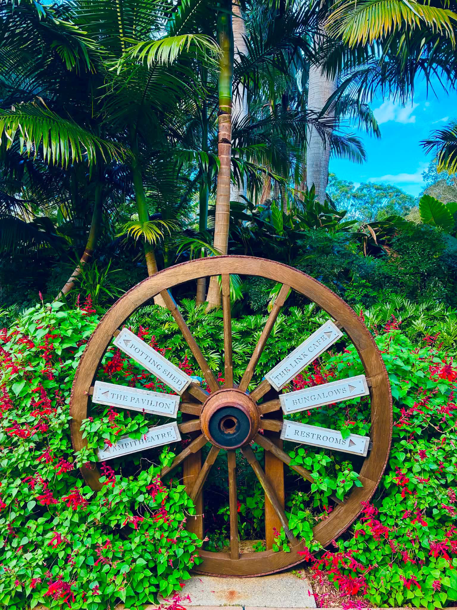 A wagon wheel signpost pointing to The Link Cafe, the Potting Shed and the Pavilion, set in a tropical garden