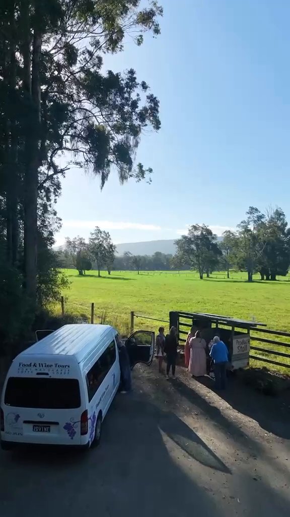 A white DVINE minibus arriving at a country venue as guests gather nearby