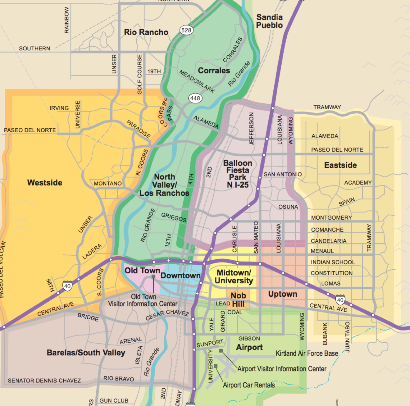Map of Albuquerque showing neighborhood areas from Rio Rancho to the South Valley and Airport