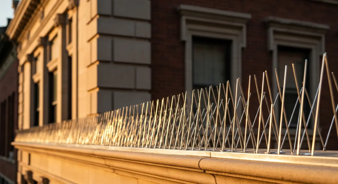 Stainless steel bird spikes on building ledge