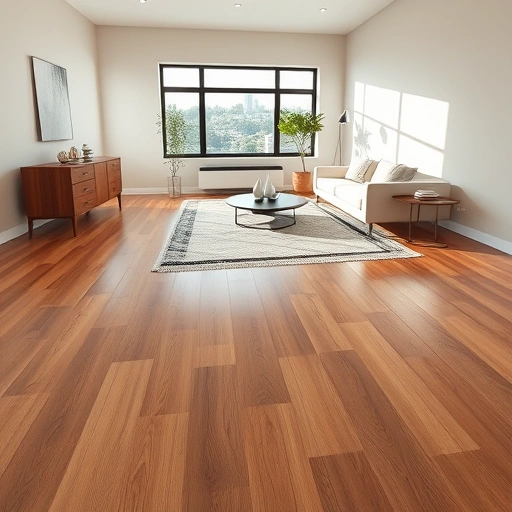 Completed hardwood flooring installation in a modern living room with natural lighting and minimalistic decor.
