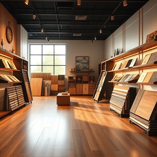 Flooring showroom with hardwood, laminate, and tile displays, modern decor, and natural light creating a warm atmosphere.