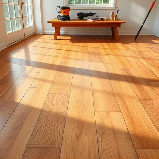 Hardwood floor recoating in Oklahoma City showcasing rich wood tones and a tidy professional workspace with tools.
