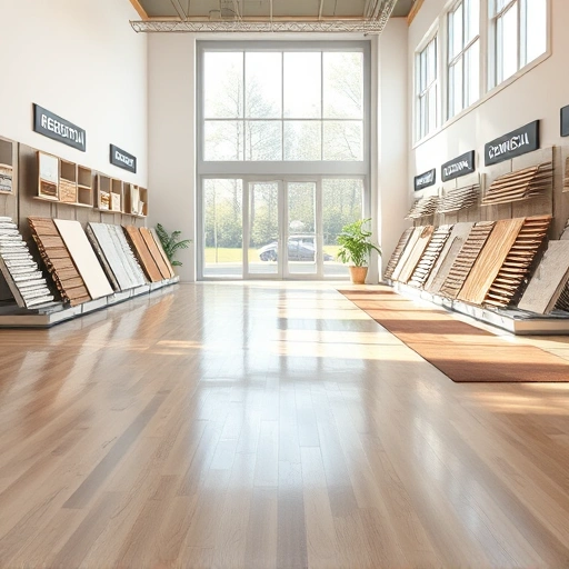 Showroom with polished hardwood, tile, and carpet flooring, showcasing elegant displays and natural light.