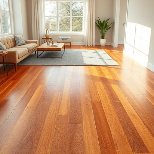 Restored hardwood floor in a modern room with warm tones, polished finish, and seamless repair lines highlighting craftsmanship.