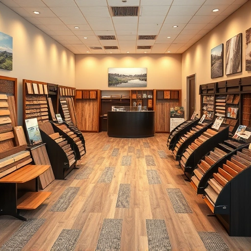 Elegant flooring showroom in Bethany, OK with diverse samples of hardwood, tile, and carpet in inviting lighting.
