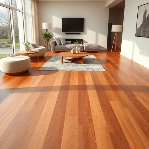 Hardwood floor installation in a modern living room with polished planks, neutral walls, and stylish decor.