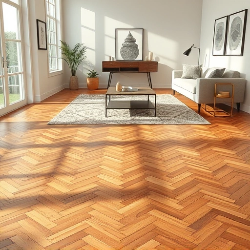 Luxurious hardwood flooring in herringbone pattern, modern decor, and natural light create an inviting atmosphere.