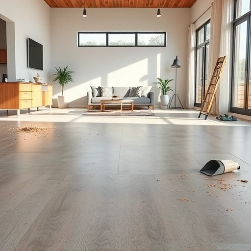 Hardwood floor removal in Oklahoma City, showcasing polished concrete and organized workspace with debris remnants.