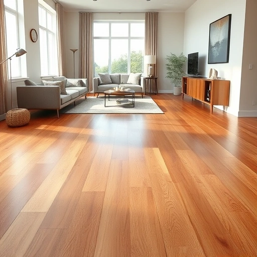 Wide plank oak hardwood floor installation in modern living room with minimalist decor and natural light in Oklahoma City.