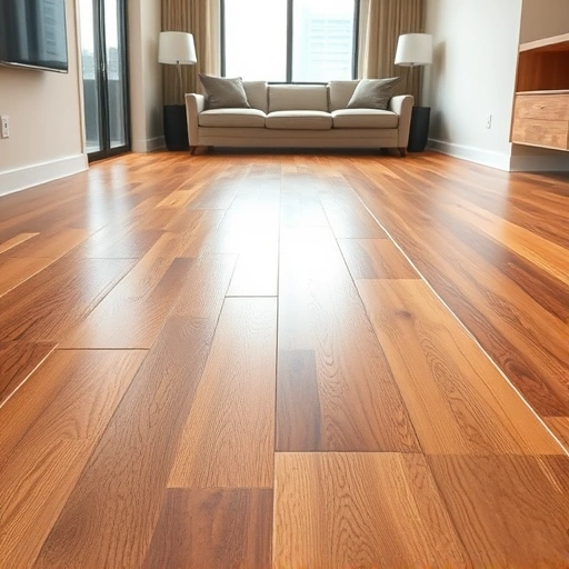 Moisture barrier installation for hardwood floors in a modern Oklahoma City interior with rich wood texture and detail.