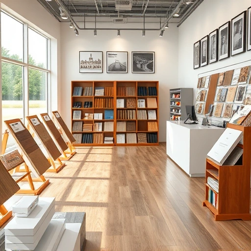 Showroom displaying a variety of flooring options with elegant stands, bright lighting, and tasteful decor for a welcoming atmosphere