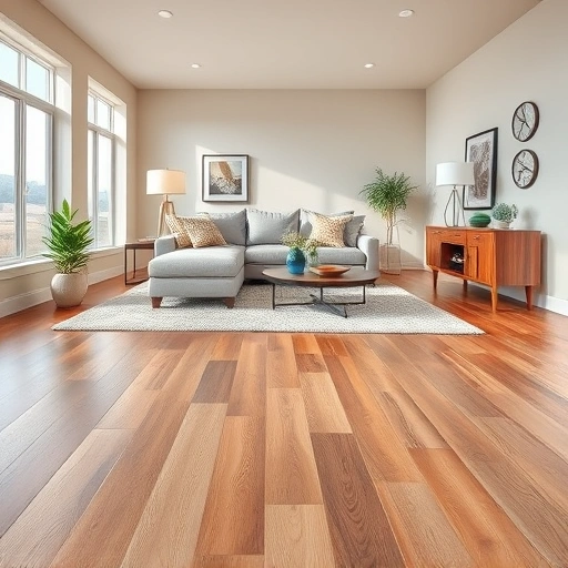 Spacious living room in Bethany, OK featuring hardwood and luxury vinyl plank flooring with modern decor.