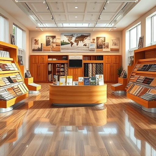 Flooring showroom displays diverse options like hardwood, laminate, and carpet in a warm, inviting setting.