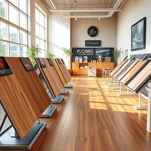Flooring showroom showcasing hardwood, laminate, and tile options with polished floors and ambient lighting.