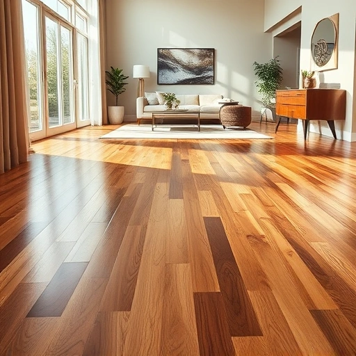 Hardwood floor replacement in Oklahoma City showcasing polished wood, elegant decor, and warm ambient lighting.