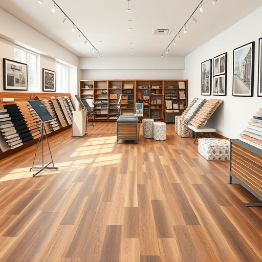 Modern flooring showroom featuring hardwood, tile, and carpet with elegant displays and natural light enhancing textures.