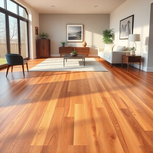Completed hardwood flooring installation in Jones OK, showcasing warm tones, elegant decor, and natural lighting.