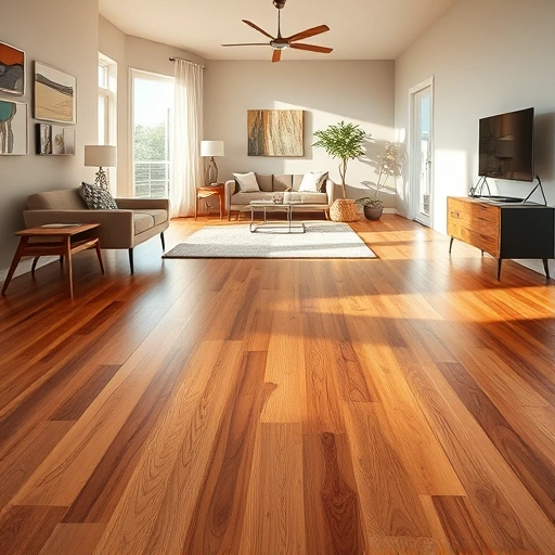 Solid hardwood floor installation in a bright room, showcasing polished texture and seamless plank transitions.
