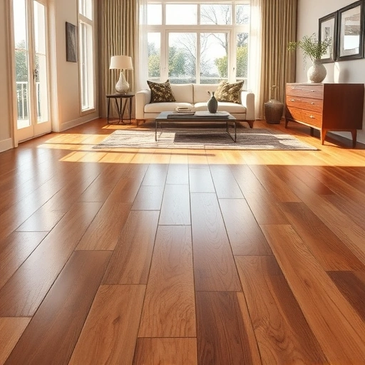 Gleaming hardwood flooring in a modern Goldsby, OK room with natural light, elegant decor, and rich wood tones.