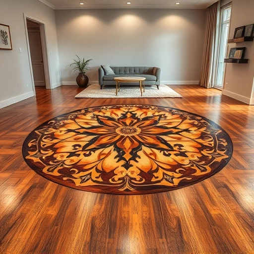 Hardwood floor medallion inlay installation in a spacious room showcasing intricate designs and rich wood grains.