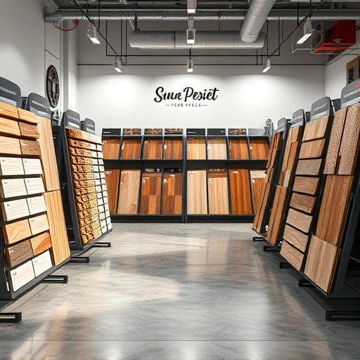 Showroom of flooring options with hardwood, laminate, and tile samples arranged on modern racks in a polished space.