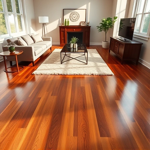 Glossy hardwood floor recoating in Oklahoma City with detailed wood grain, elegant furniture, and warm lighting.
