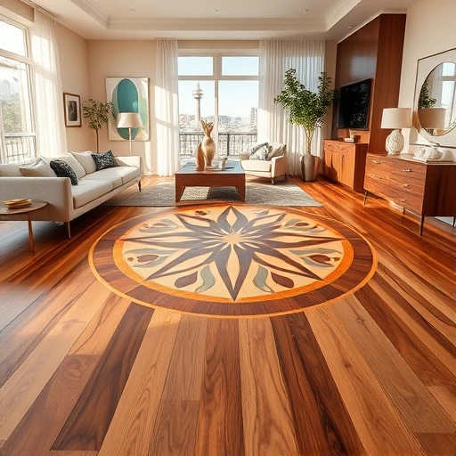 Hardwood floor medallion inlay in Oklahoma City showcasing geometric patterns and rich wood tones in a modern living space.