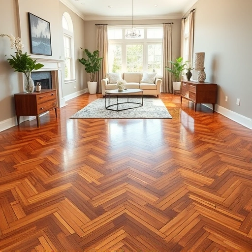 Stunning hardwood floor installation in Newcastle OK featuring herringbone pattern, elegant trim, and modern decor.