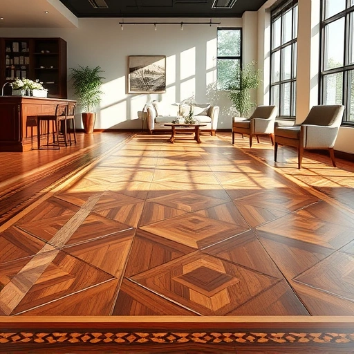 Hardwood floor border inlay installation in a modern Oklahoma City business, showcasing intricate wood patterns and light reflections.