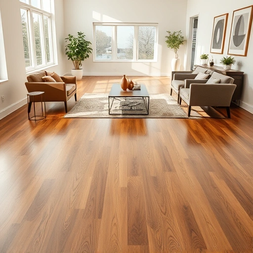 Hardwood floor replacement in Oklahoma City showcasing polished oak with elegant furniture and soft, natural lighting.