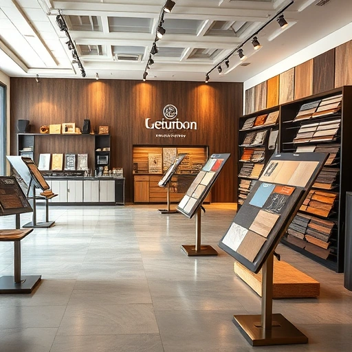 Showroom displaying diverse flooring options like hardwood, laminate, tile, and carpet in a modern, elegant setting.