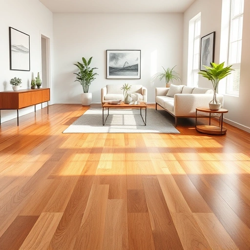 Completed hardwood flooring installation in Edmond, OK, showcasing warm tones and modern minimalist decor.