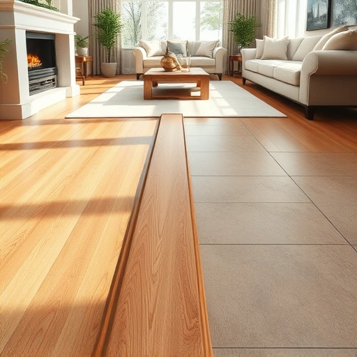 Completed hardwood floor transition strip installation in a modern living room, showcasing quality craftsmanship and design.