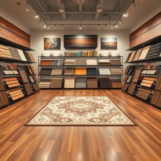 Flooring showroom displaying hardwood, laminate, and carpet samples with ambient lighting and modern shelving.