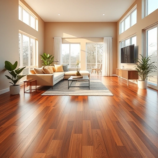 Modern living room in Bethany, OK with gleaming hardwood flooring, neutral walls, and stylish furniture.