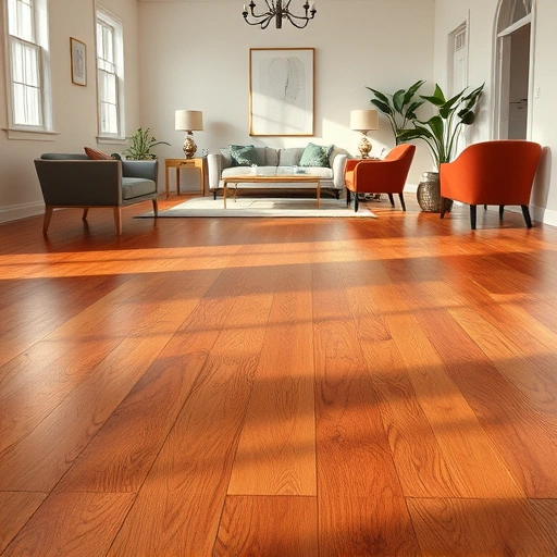 Polished hardwood floor in a tastefully decorated interior, showcasing rich hues and intricate grain patterns.