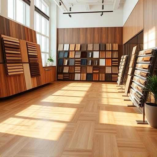 Showroom displaying diverse flooring options like hardwood, laminate, tile, and carpet in a warm, inviting atmosphere.