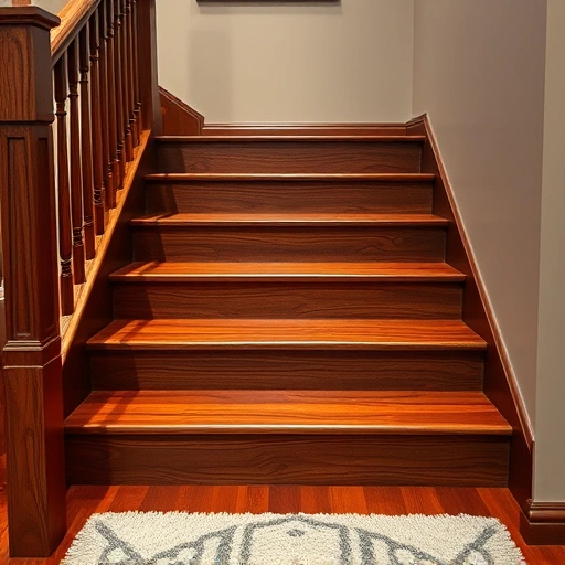 Stair tread installation in polished hardwood with intricate grain patterns in a modern home interior setting.