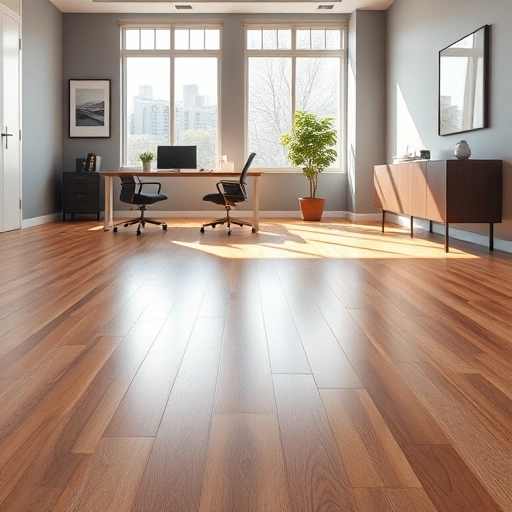 Polished hardwood flooring in a modern office with minimalist furniture and natural light in Midwest City, OK.