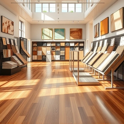 Flooring showroom showcasing hardwood, laminate, and tile options with polished floors and elegant displays.
